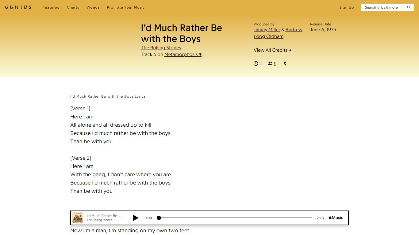 I’d Much Rather Be with the Boys - Genius